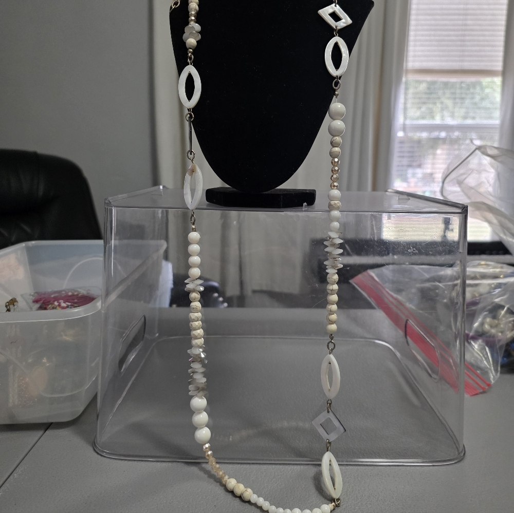 Chico’s Long White Glass and Howlite Bead, Mother of Pearl and Abalone